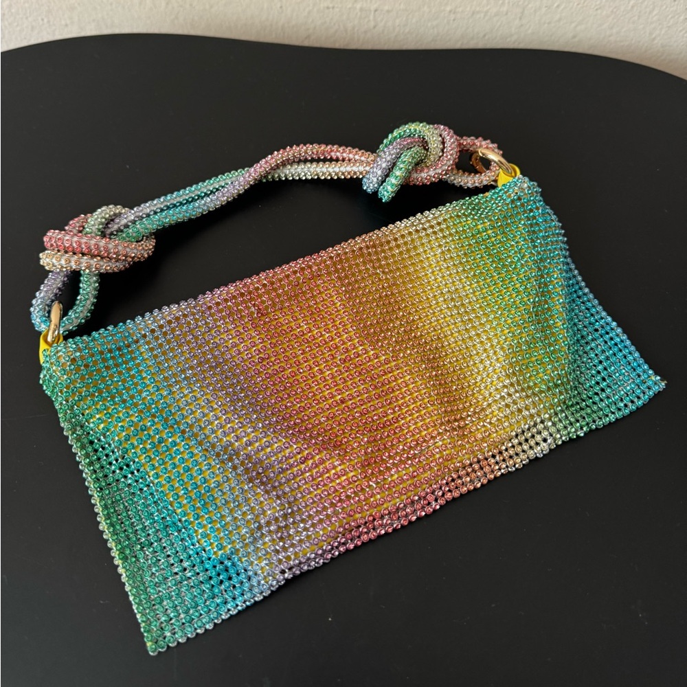 Multicolor Crystal Mesh Clutch with Knotted Strap